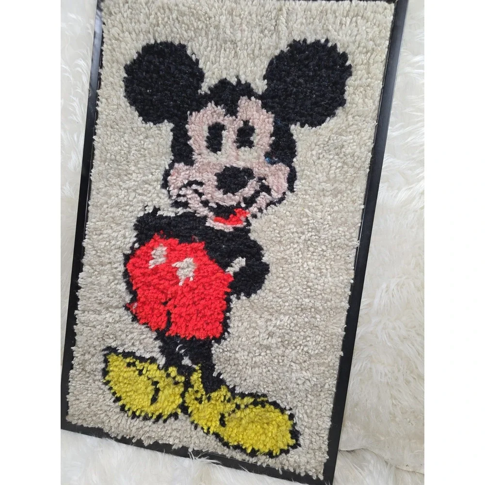 Vintage Framed Disney Mickey Mouse Latch Hook Wall Hanging Bath Rug MCM Retro